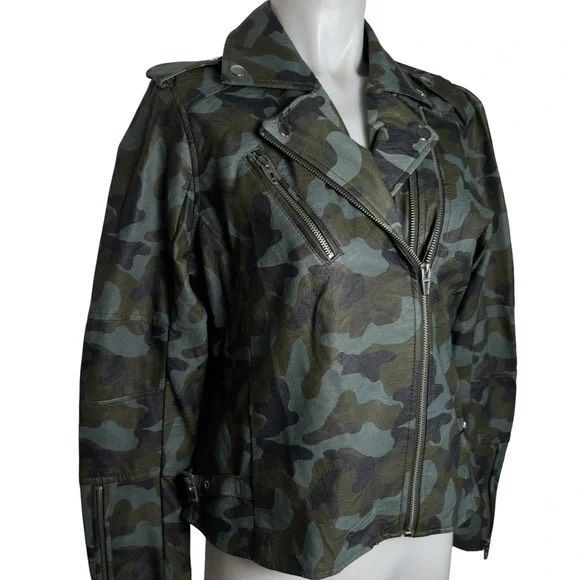 COLLEEN LOPEZ Women’s Green Camo Faux Leather Moto Jacket Size Large - Picture 1 of 7